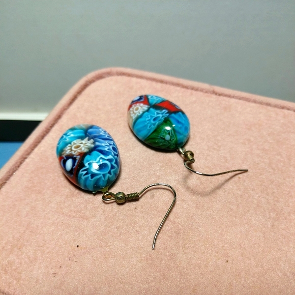 Vintage Unique Multi Color Oval Cabochon Earrings Silver French Wires - Picture 5 of 8